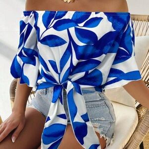 Blue Leaf Print Off-Shoulder Women's Top